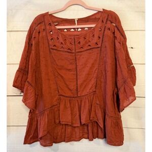 Free People Textured Burnout Peasant Top Rustic Gauze Boho Flutter Sleeve M